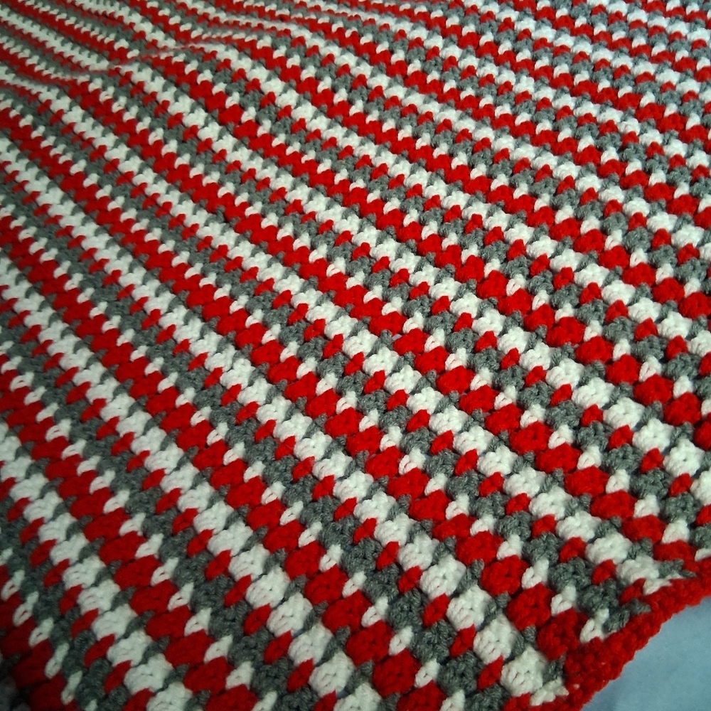 Red, White and Gray Crochet Blanket 4.5ft X 5ft